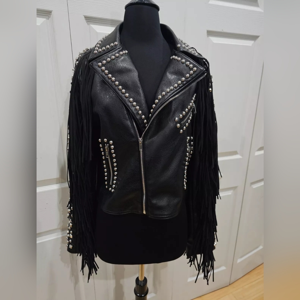 ~SOLD~ Dolls Kill Black Studded AZALEA WANG Ryder Fringe Faux Leather Jacket M - Picture 13 of 16